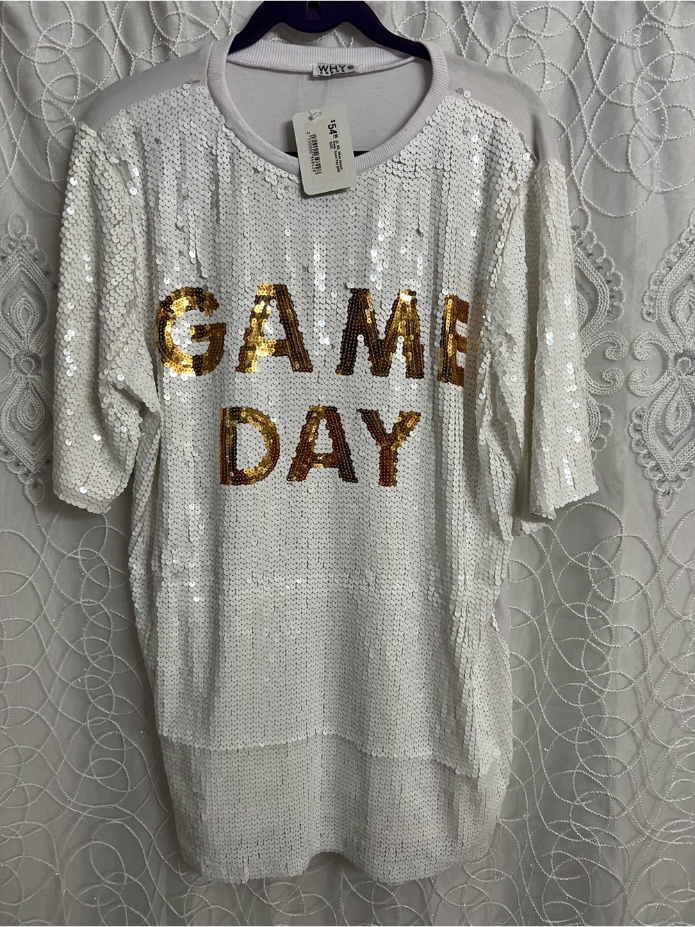 WHY Game Day' Sequin Shirt Dress - White with Gold Lettering